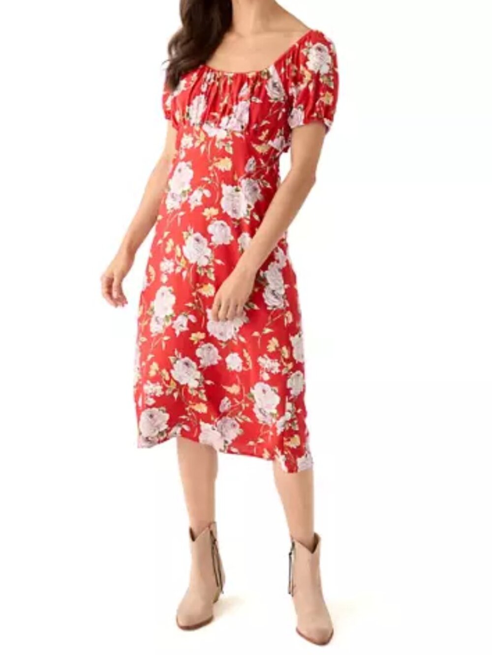 As U Wish Red Linen Blend Puff Sleeve Midi Dress Cottagecore Boho Wedding L NWT